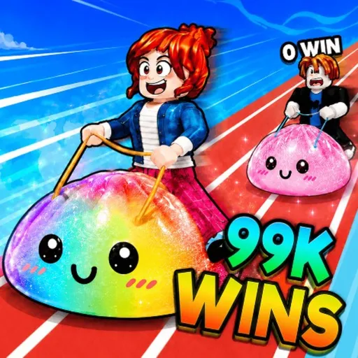 Dumpling Squishy Race official art: a player riding a rainbow Squishy mount on the race track